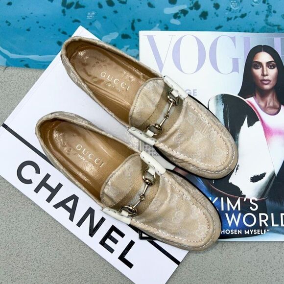 GUCCI Women's Tan Monogram GG Logo Canvas Horsebit Loafers Size 7 - Picture 4 of 13